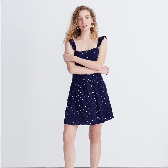 Madewell Ruffle-Strap Button-Front Sundress Dress in Navy Blue Tan Polka Dot 6 - Picture 2 of 8